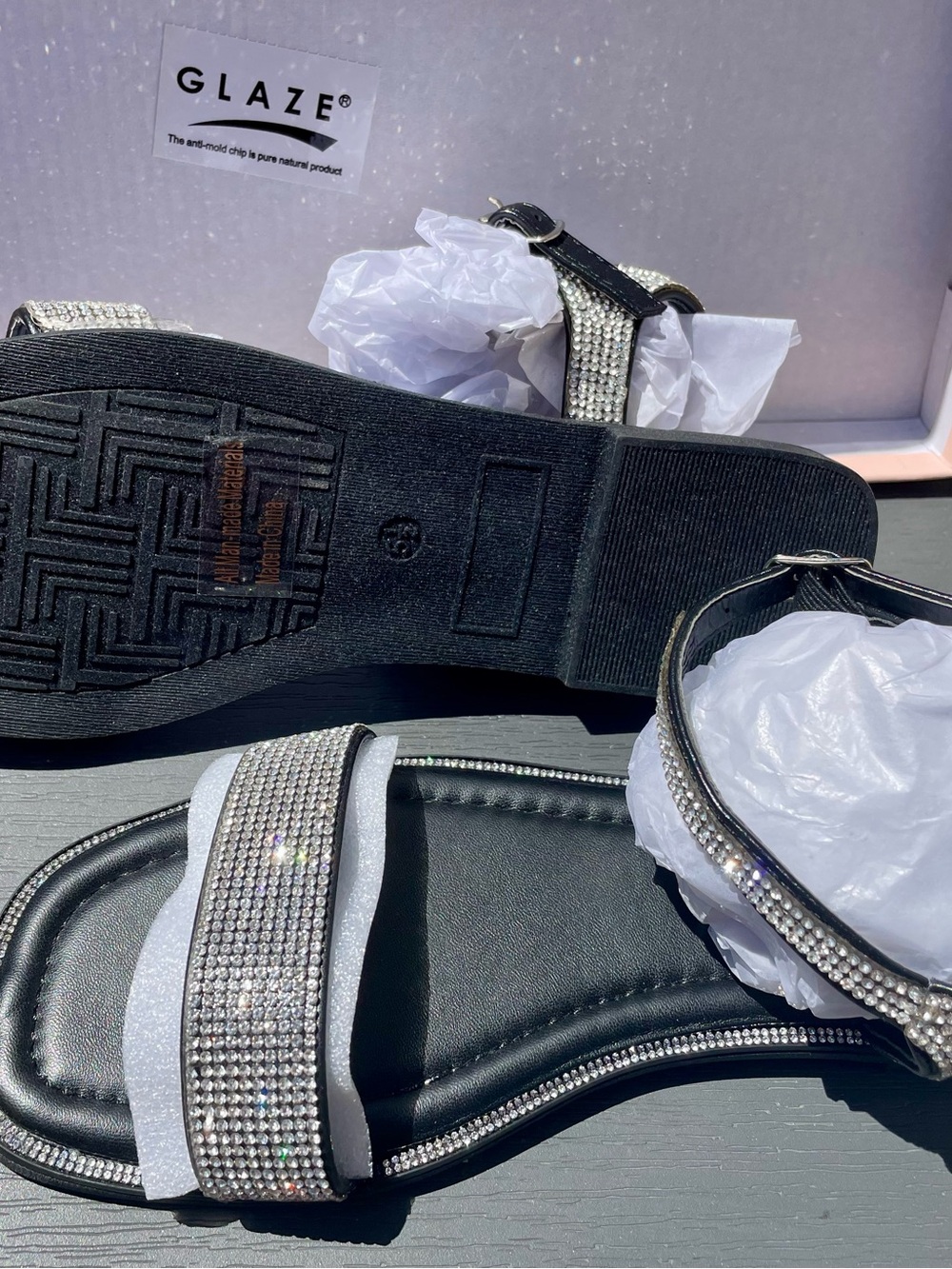Glaze Black Rhinestone Strap Flat Sandals